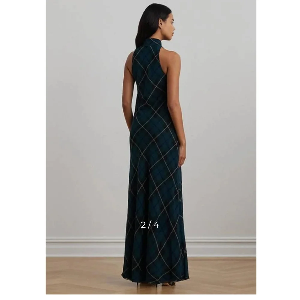 Ralph Lauren Dark Green and Navy Plaid Tie-Neck Maxi Dress with Bow - Picture 3 of 16